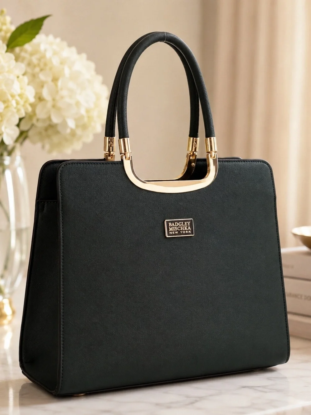 NEW Badgley Mischka Louise Saffiano Large Structured Double Handle Satchel Purse - Picture 1 of 4